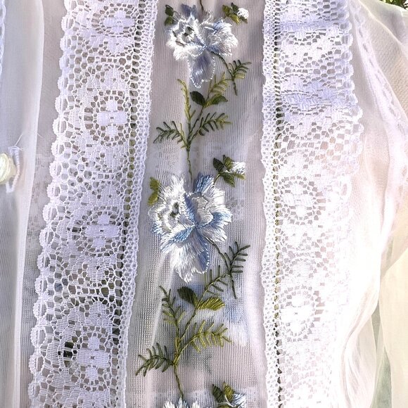Vintage Negligee Lingerie Sheer White & Blue Embroidered Nightgown Set - Size M - Picture 8 of 12